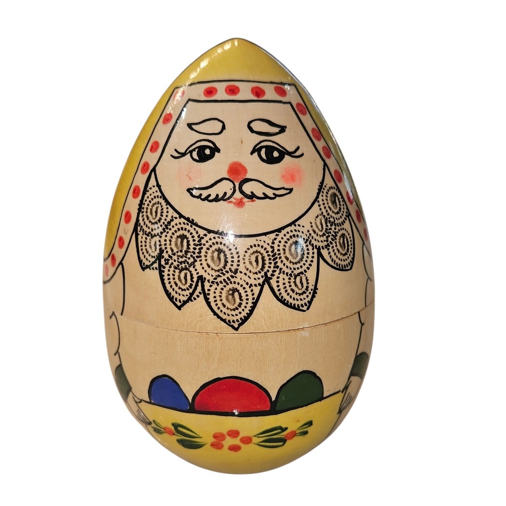 Vintage Russian Nesting Egg Wood Hand Painted 3 Piece Set Signed Folk Art Yellow